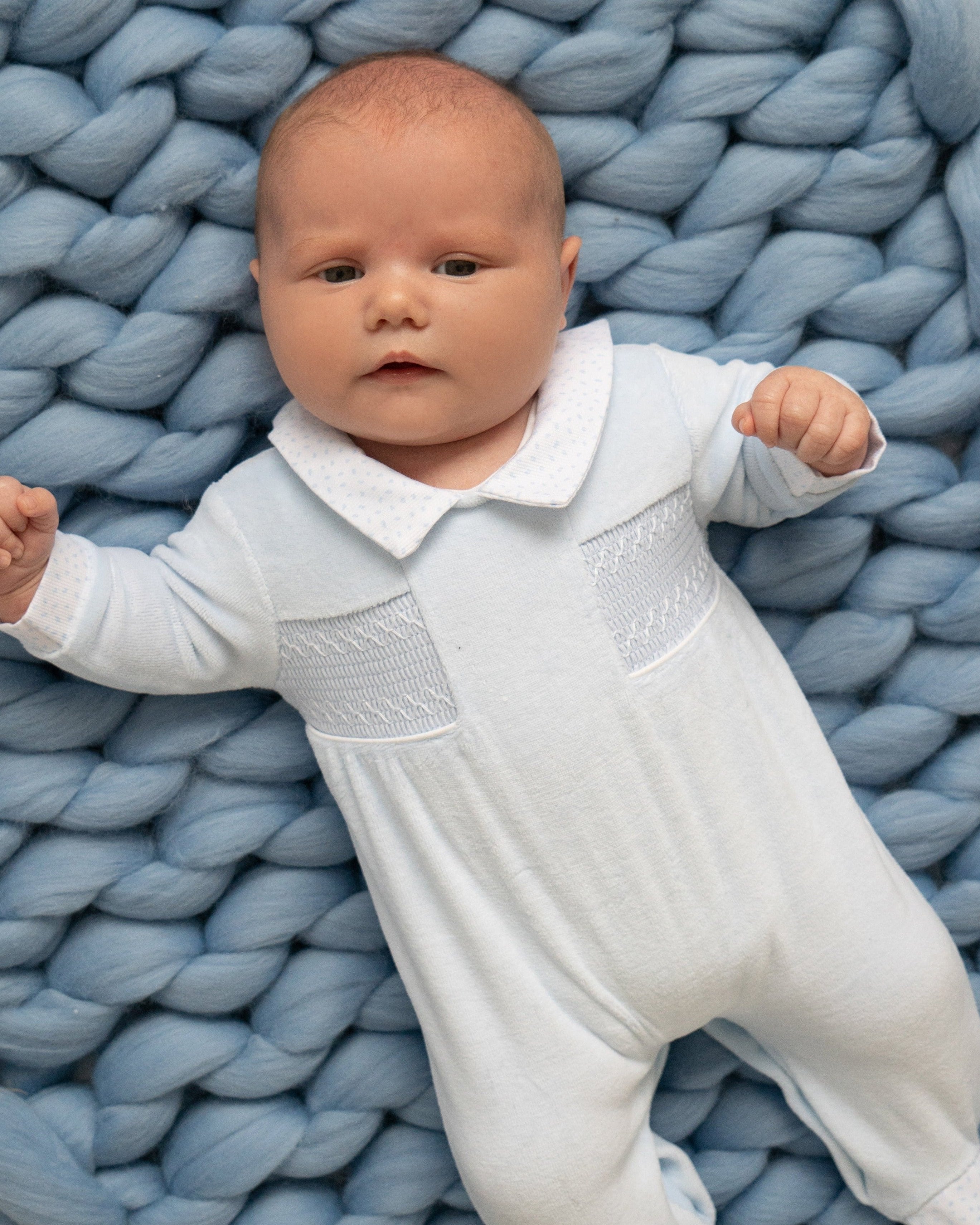 Smocked velour sleepsuit - Blue