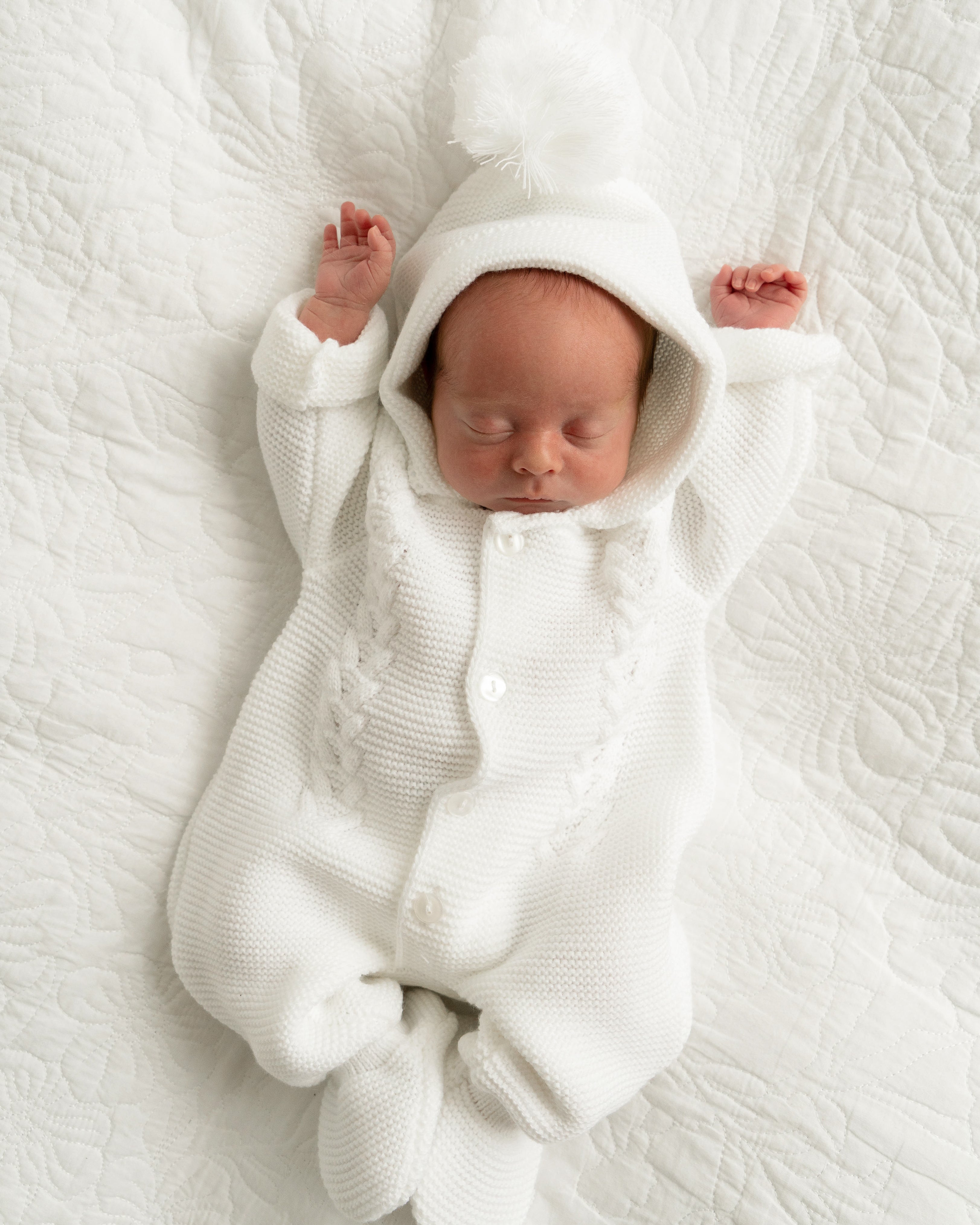 Knitted hooded pramsuit - white