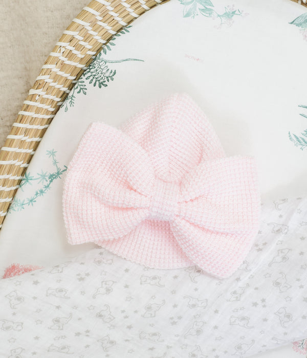 Soft pink waffle knit bow turban