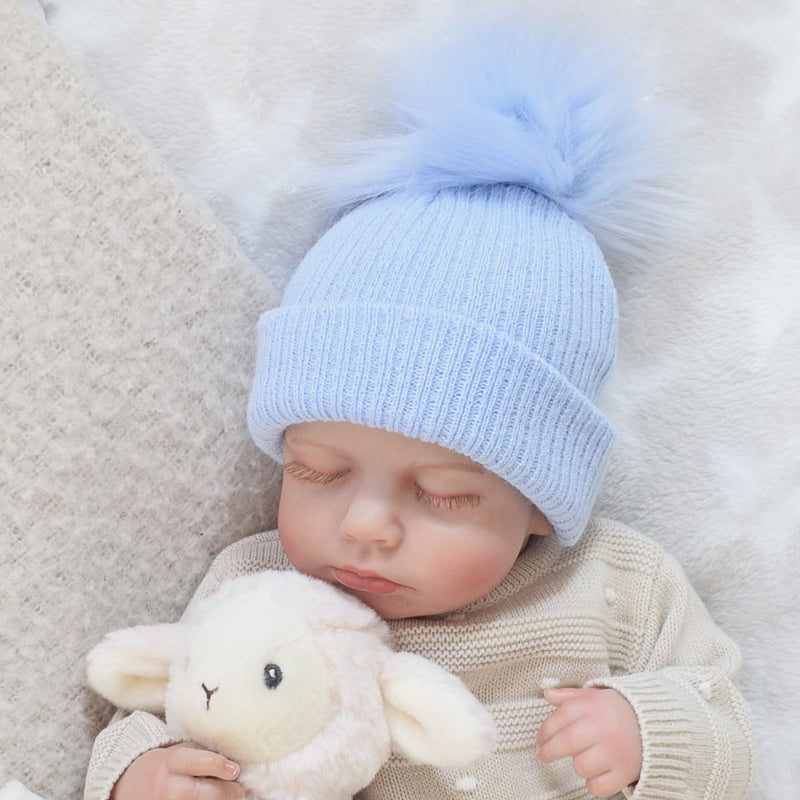 First Size Ribbed Pom Hat - Blue