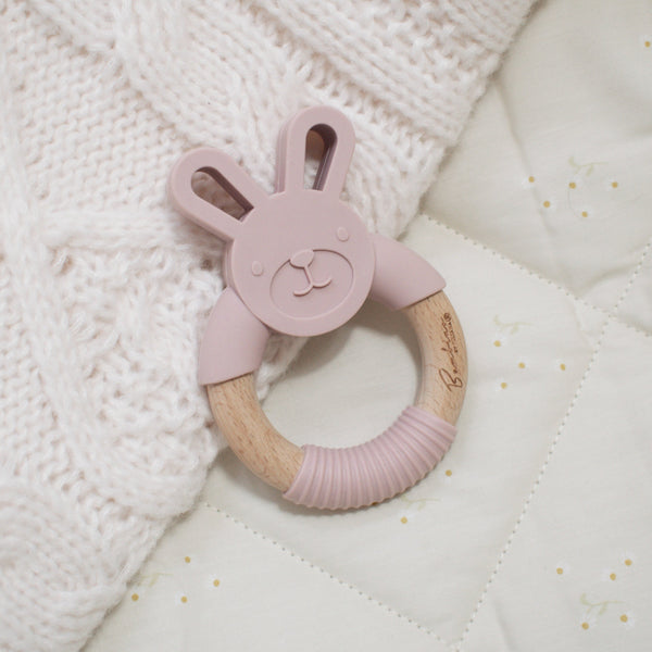 Soft pink wooden bunny teether