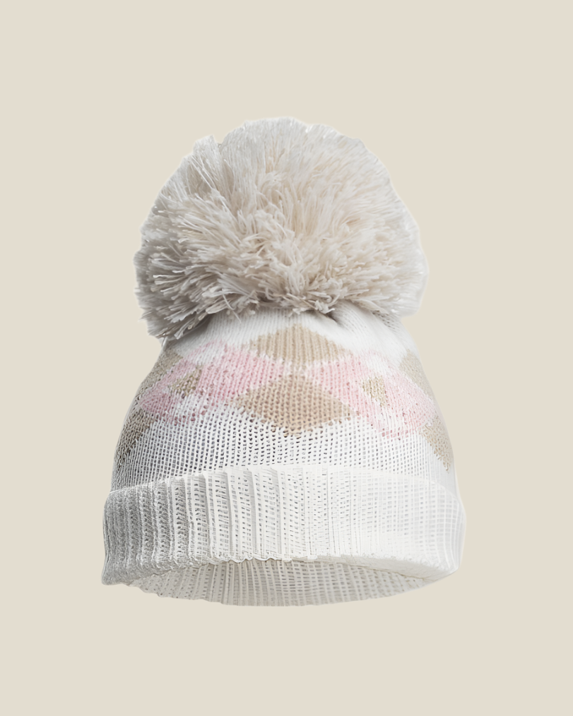 Argyle knit pom hat - pink