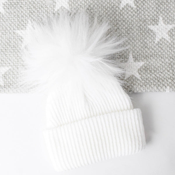 First Size Ribbed Pom Hat - White - BERRY & BLOSSOMS