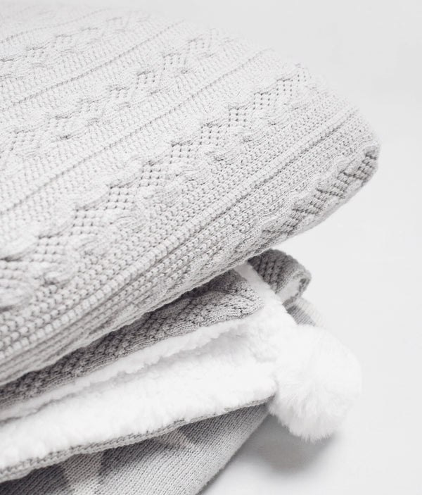 Cable Knitted Pom Blanket - Grey - BERRY & BLOSSOMS